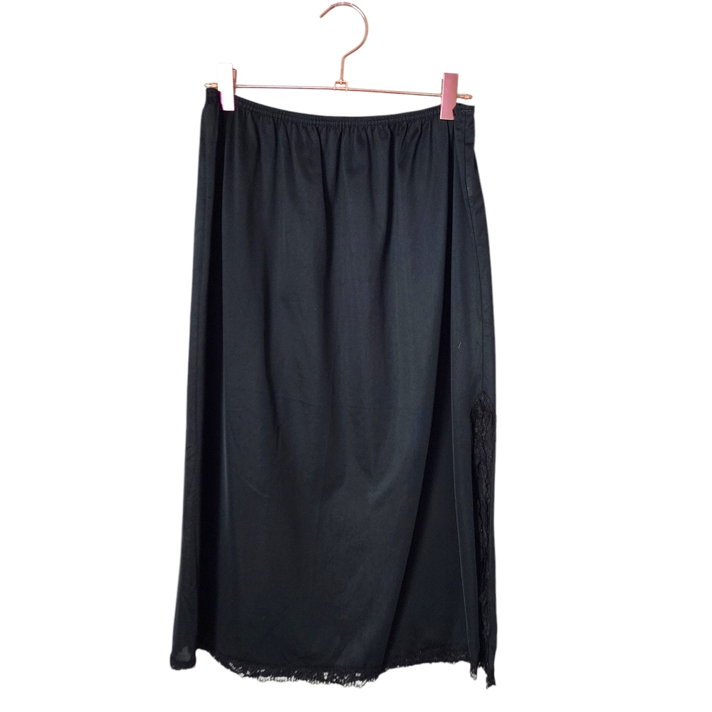 VINTAGE BLUSH nylon‎ slip skirt with lace trim slit in black size M